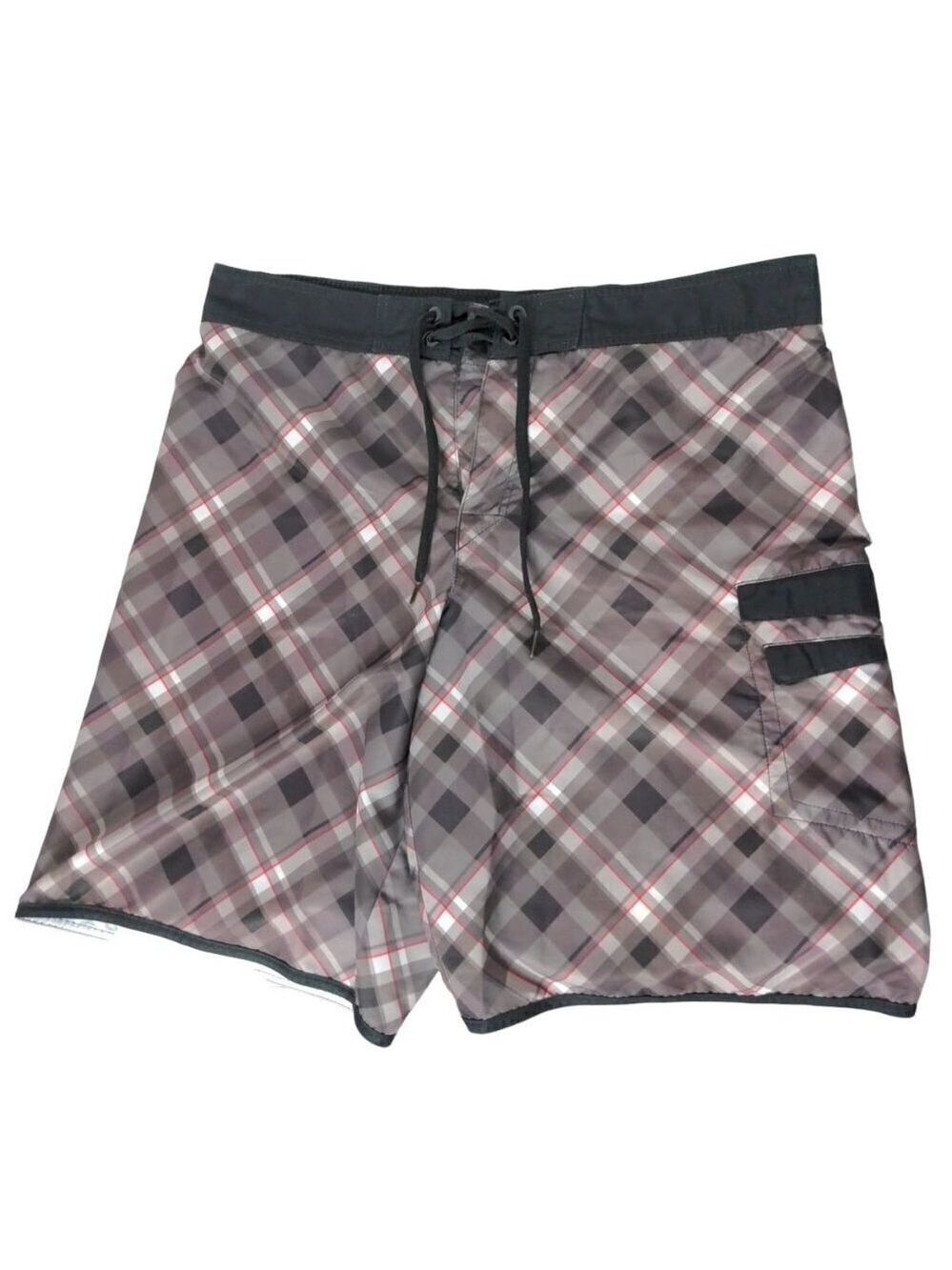 Tony Hawk Mens Swim Trunks Large Gray Red White Plaid